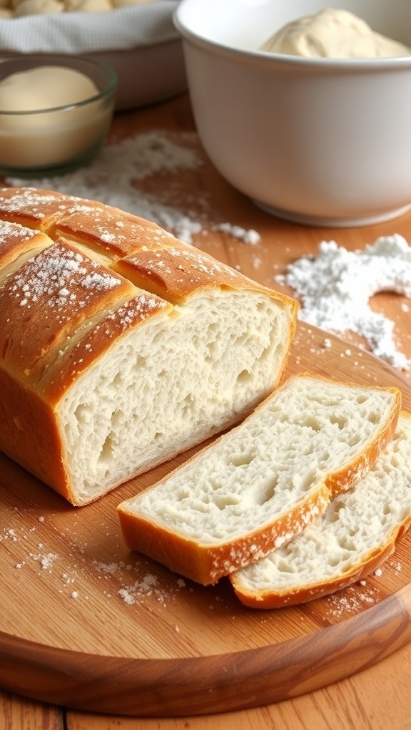 A golden crusted loaf of homemade bread sliced on a wooden board, showcasing its soft texture.